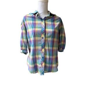 Cheryl Tiegs Rainbow Plaid Puff Sleeve Button Down Shirt Womens M Vintage 80s
